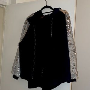 Black Hooded Zippered Jacket with Sequins Sleeves